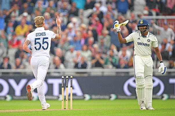 Ben Stokes England celebrates v Sai Sudharsan India wicket Old Trafford Test 2025