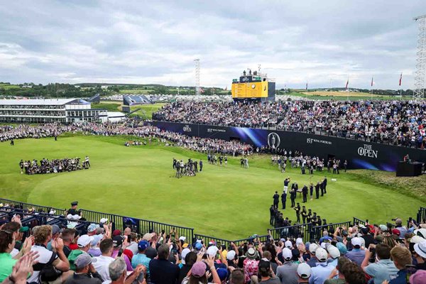 Scottie Scheffler trophy presentation 18th hole grandstand Open Royal Portrush 2025