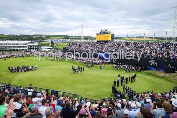 Scottie Scheffler trophy presentation 18th hole grandstand Open Royal Portrush 2025