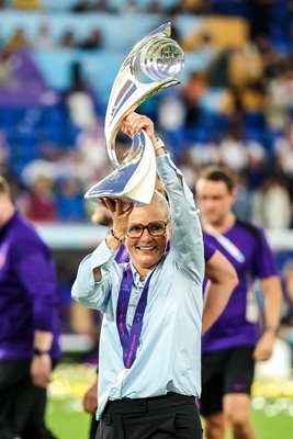 Sarina Wiegman, Head Coach of England, holding the UEFA Women's EURO trophy following the UEFA Women's EURO 2025 Final match between England and Spain.