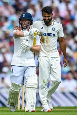 EnglanAkash Deep puts his arm around Ben Duckett after dismissing him for 43 during the 5th Test The Oval 2025d v India - 5th Rothesay Test Match: Day Two