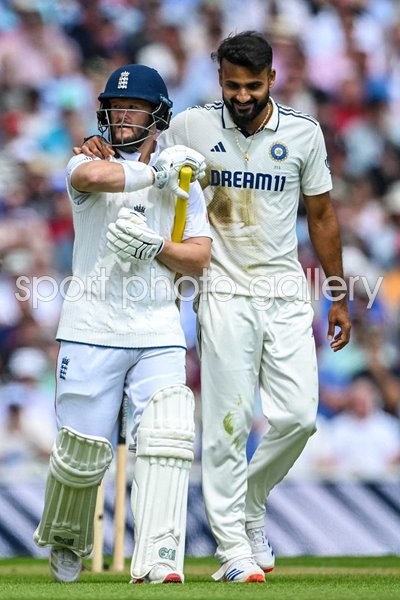 Akash Deep India puts his arm around Ben Duckett England 5th Test Oval 2025