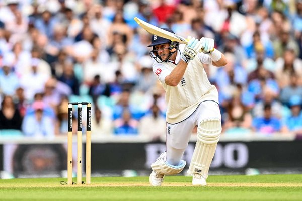 Joe Root of England bats v India 5th Test Match Oval 2025