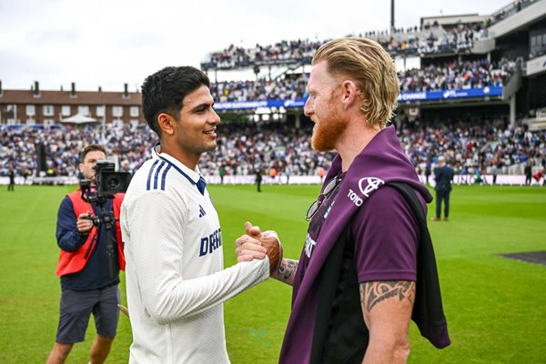 Shubman Gill a shakes hands with Ben Stokes after the end of the match on day five of the 5th Test Match at The Oval 2025