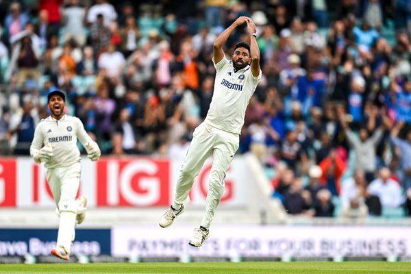 Mohammed Siraj celebrates the match winning wicket of Gus Atkinson on day five of the 5th Test Match at The Oval 2025