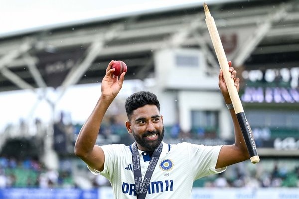 Mohammed Siraj celebrates with the ball and a stump after day five of the Fifth Test Match at The Oval 2025