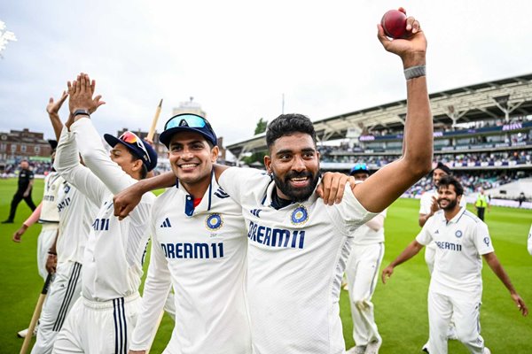 Mohammed Siraj of India celebrates after winning the match with teammate Shubman Gill on day five of the 5th Test Match at The Oval 2025.