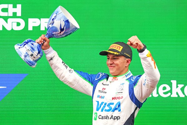 Isack Hadjar France celebrates podium finish Netherlands Grand Prix 2025