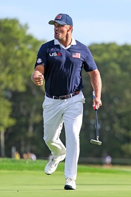 Bryson DeChambeau USA celebrates Saturday morning foursomes Ryder Cup 2025