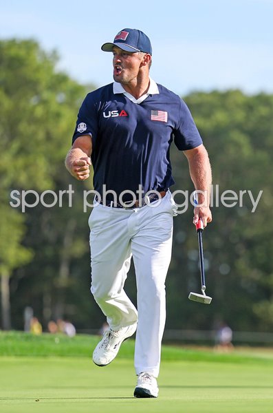 Bryson DeChambeau USA celebrates Saturday morning foursomes Ryder Cup 2025