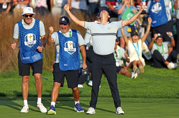 Ian Finnis & Mark Fulcher celebrate with Justin Rose Ryder Cup 2025