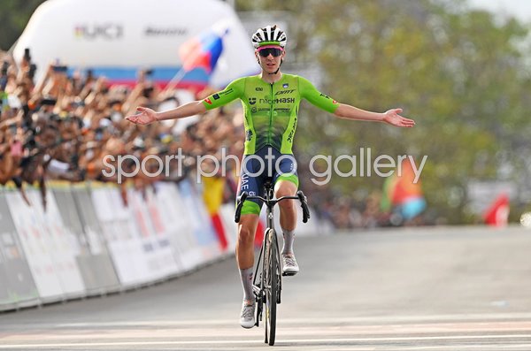 Tadej Pogacar Slovenia celebrates World Road Race win Kigali 2025