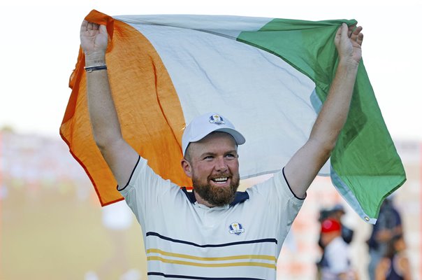 Shane Lowry Europe celebrates with Irish flag Ryder Cup New York 2025
