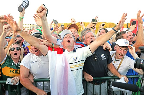 Rory McIlroy Europe celebrates with fans Ryder Cup New York 2025