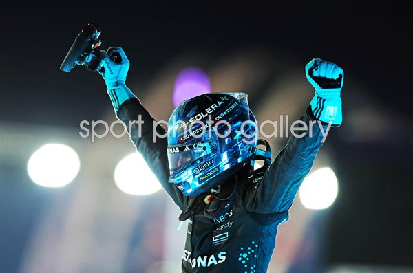 George Russell Great Britain & Mercedes celebrates Singapore Grand Prix 2025