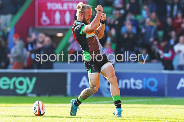 Tyrone Green Harlequins celebrates v Saracens Gallagher PREM The Stoop 2025