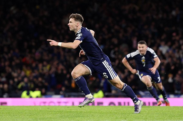 Kieran Tierney Scotland celebrates goal v Denmar World Cup 2026 Qualifier