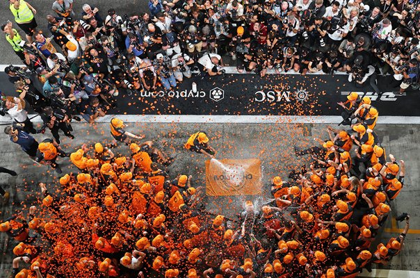 McLaren team celebrates with world champion Lando Norris Abu Dhabi 2025