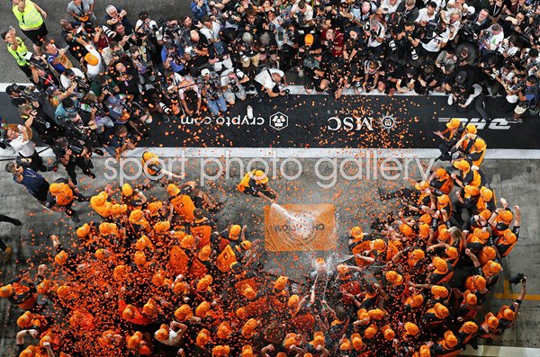 McLaren team celebrates with world champion Lando Norris Abu Dhabi 2025