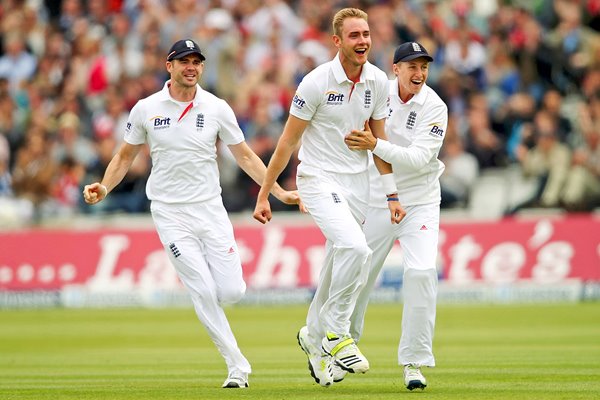 Anderson and Root celebrate with Stuart Broad Lords 2013