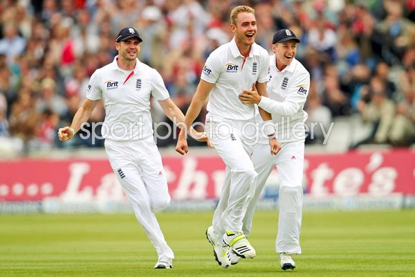 Anderson and Root celebrate with Stuart Broad Lords 2013