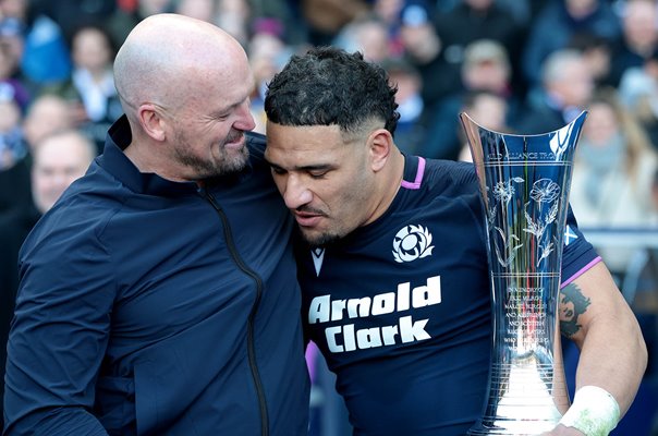Gregor Townsend & Sione Tuipulotu celebrate Scotland win v France Six Nations 2026