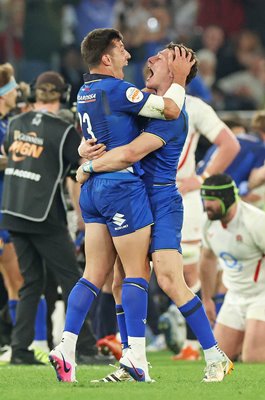 Paolo Garbisi & Tommaso Allan Italy celebrate win v England Rome Six Nations 2026