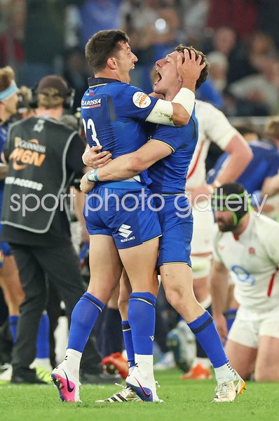 Paolo Garbisi & Tommaso Allan Italy celebrate win v England Rome Six Nations 2026