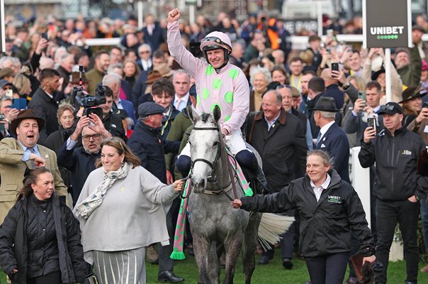 Paul Townend celebrates on Lossiemouth Champion Hurdle Cheltenham Festival 2026