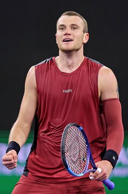 Jack Draper Great Britain celebrates win v Novak Djokovic Indian Wells 2026