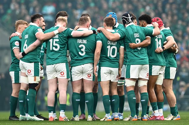 Ireland huddle v Scotland Aviva Stadium Dublin Six Nations 2026