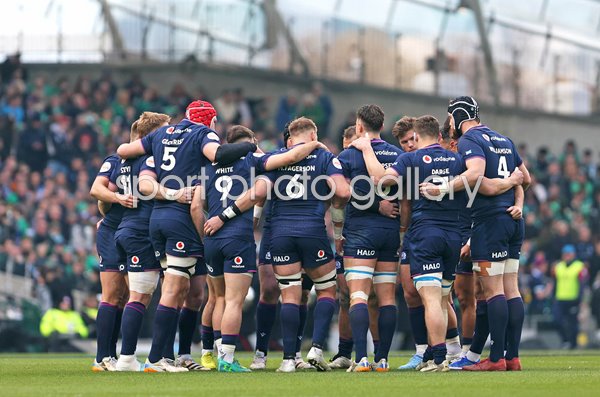 Scotland team huddle v Ireland Aviva Stadium Dublin Six Nations 2026