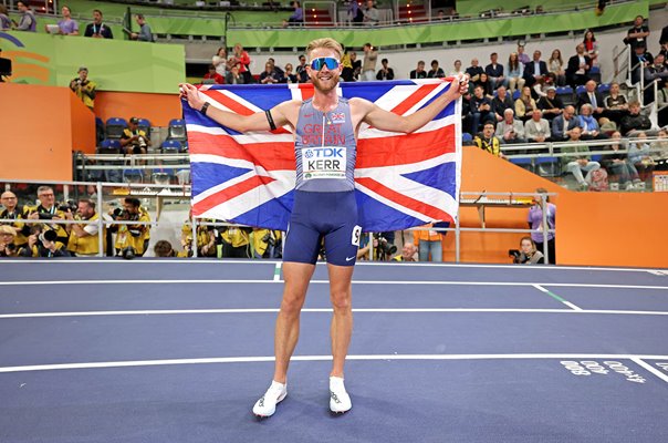 Josh Kerr Great Britain celebrates 3000m Gold World Indoor Athletics Poland 2026