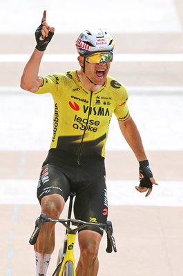 Wout van Aert Belgium celebrates Paris-Roubaix win 2026
