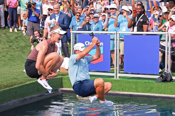 Nelly Korda Chevron Championship Poppie's Pond Jump celebration 2026