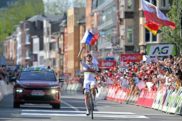 Tadej Pogacar Slovenia celebrates Liege Bastogne Liege win 2026