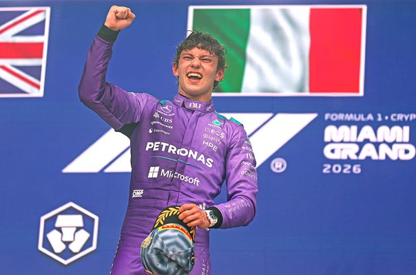Kimi Antonelli Italy celebrates winning Miami Grand Prix 2026