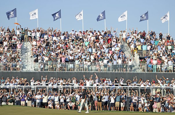 Aaron Rai England celebrates monster birdie putt 17th USPGA Championship Aronimink 2026