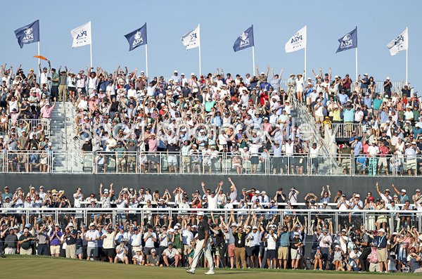 Aaron Rai England celebrates monster birdie putt 17th USPGA Championship Aronimink 2026
