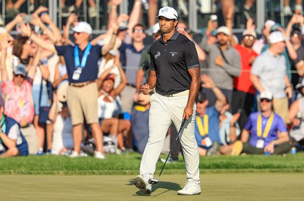 Aaron Rai England celebrates birdie 17th Round 4 USPGA Championship Aronimink 2026