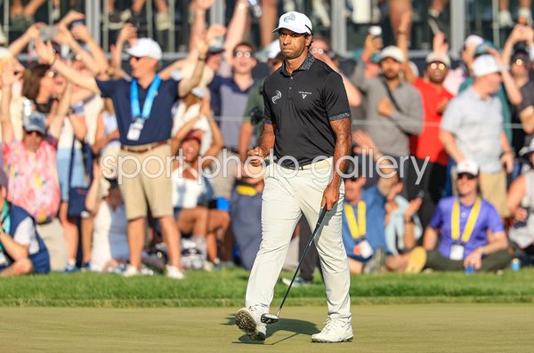 Aaron Rai England celebrates birdie 17th Round 4 USPGA Championship Aronimink 2026