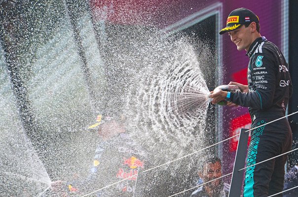 George Russell Great Britain champagne celebration Austrian Grand Prix 2026