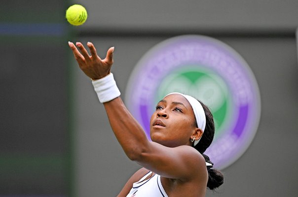 Coco Gauff USA serves v Solana Sierra Wimbledon 2026