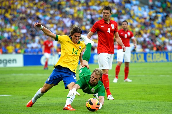 Joe Hart England saves from Filipe Luis of Brazil 2013