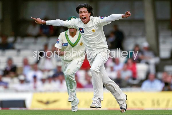 Mohammad Amir celebrates the wicket of Andrew Strauss