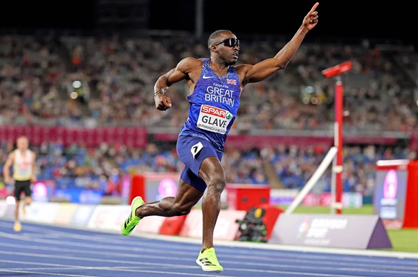 Romell Glave Great Britain celebrates 100m Gold European Athletics 2026
