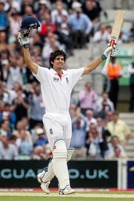 Alastair Cook of England celebrates his century