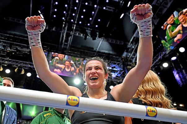 Katie Taylor Ireland celebrates win v Flora Pili Croke Park Dublin 2026
