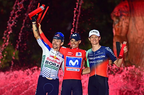 Winner Enric Mas, Primoz Roglic & Felix Gall Vuelta Podium Granada 2026