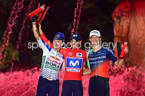 Winner Enric Mas, Primoz Roglic & Felix Gall Vuelta Podium Granada 2026